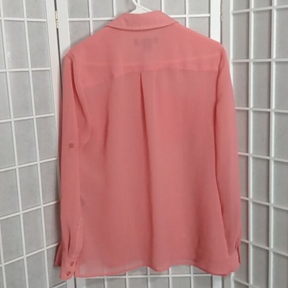 Evan-Picone Sheer Peach Button-Up Blouse w/ Roll Tab Sleeves - Picture 4 of 12